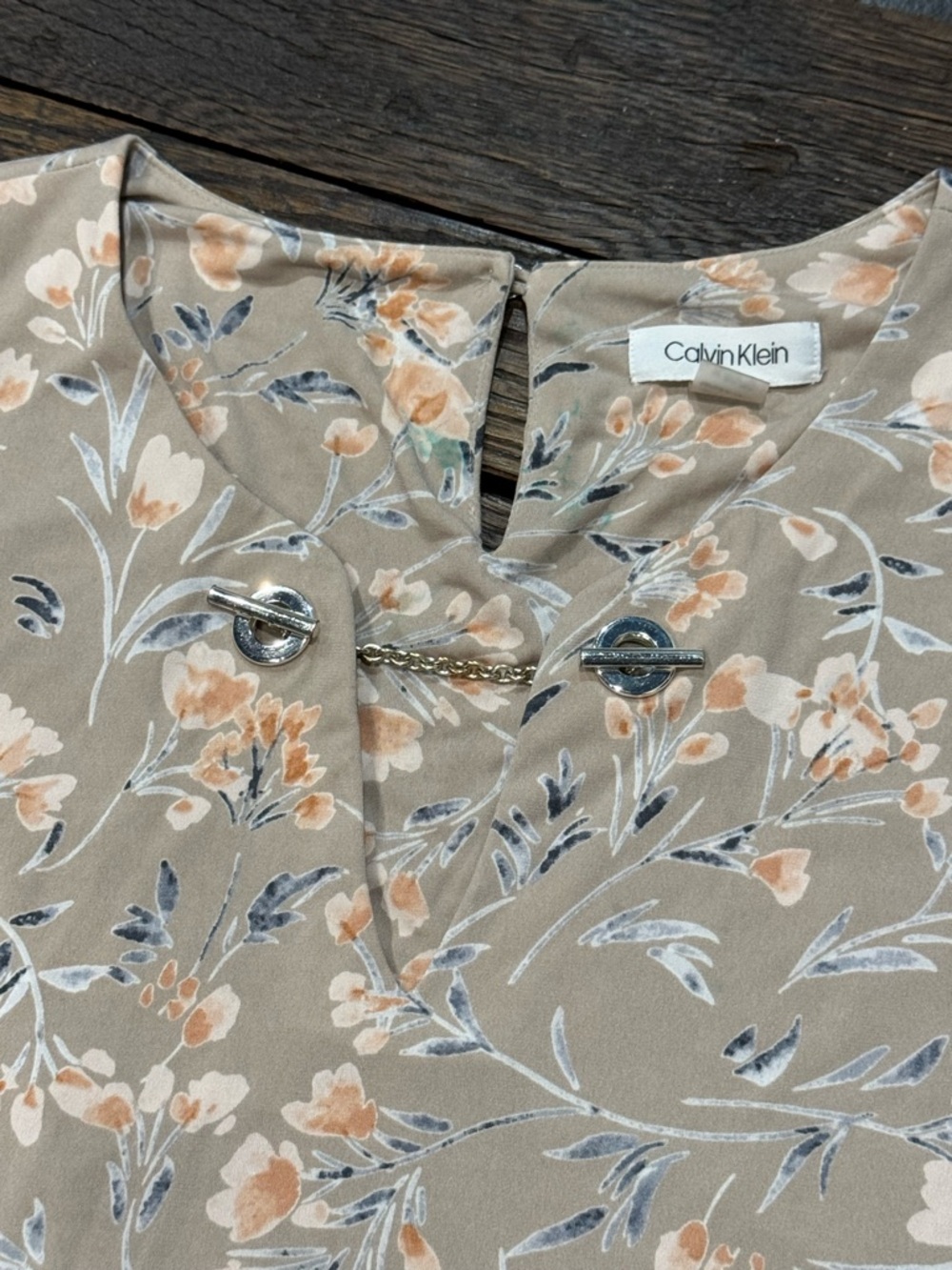 Calvin Klein Taupe Beige w/ Peach Floral Sleeveless Top Tunic Size XL - Picture 2 of 4